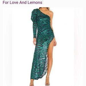For Love And Lemons Green Zebra One-Shoulder Vixen Dress